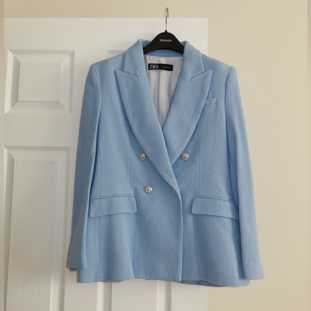 Zara Women's Sky Blue Double-Breasted Blazer